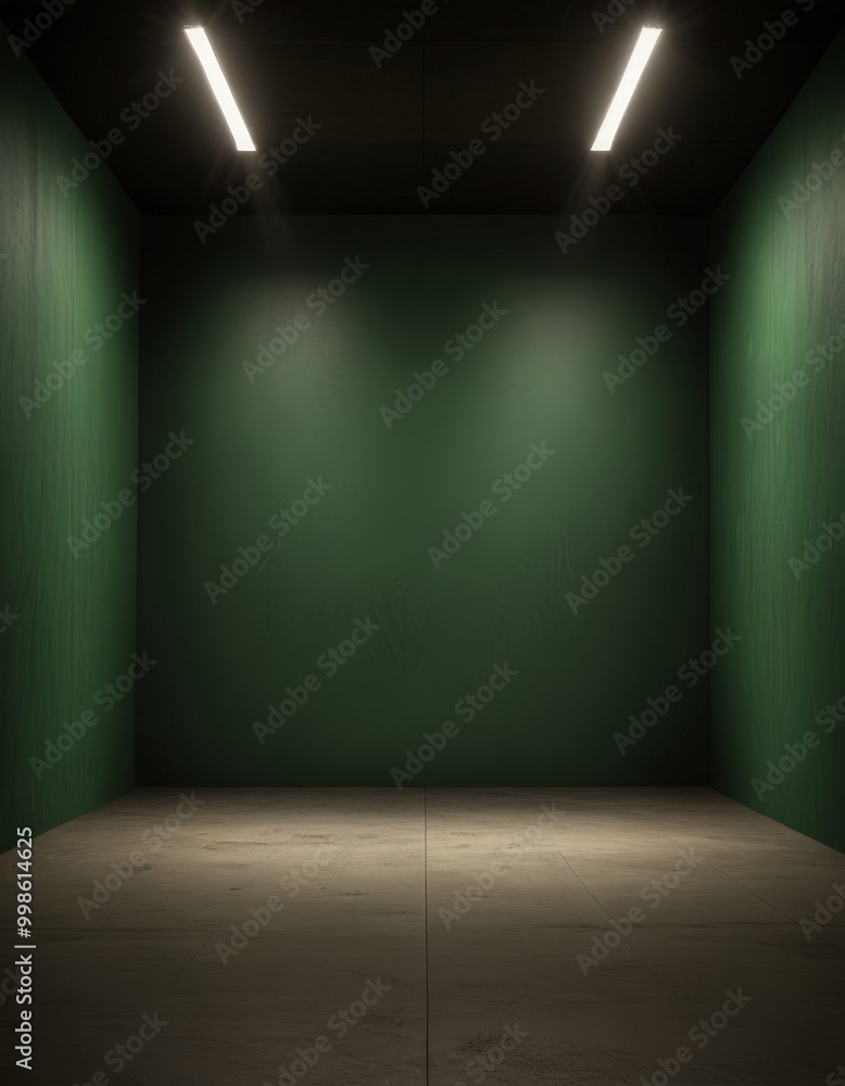 Aufkleber An empty room with green walls and a concrete floor, illuminated by two rectangular lights on the ceiling