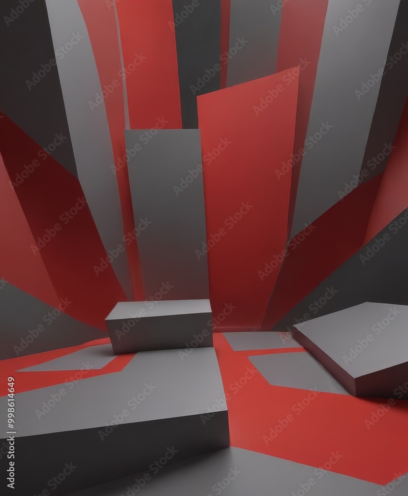 Poster a geometric room with a red and gray color scheme The room features a central gray platform surrounded by a series of red and gray geometric