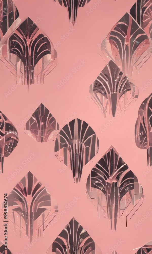 Poster a repeating pattern of stylized, abstract floral or leaf-like shapes in shades of pink and black aga