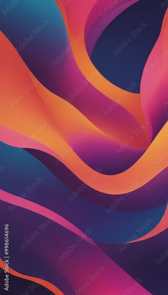 Poster a vibrant abstract composition of overlapping curved lines in various shades of blue, orange, and pink, creating a dynamic and visually striking pattern