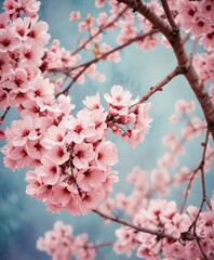Fototapeta premium A close-up view branch with pink cherry blossoms against a blue sky background