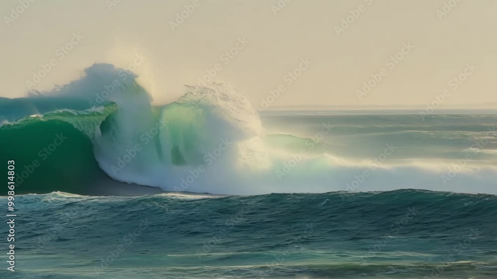Poster turquoise blue ocean wave rolling and breaking on the shore, creating whitewash with the sunlight re