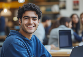 Fototapeta premium Student smiling in a cafe, studying with laptop, friendly atmosphere in background, education concept