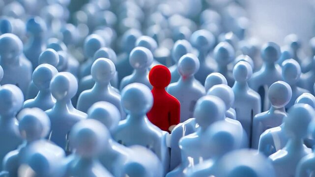 Red figure distinct among white crowd, representing the concept of finding the right person in HR, business strategy, and organizational psychology	