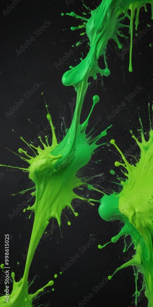 Poster a close-up view vibrant green paint splatter against a black background The splatter is composed of numerous small droplets, creating a dynamic and visually striking