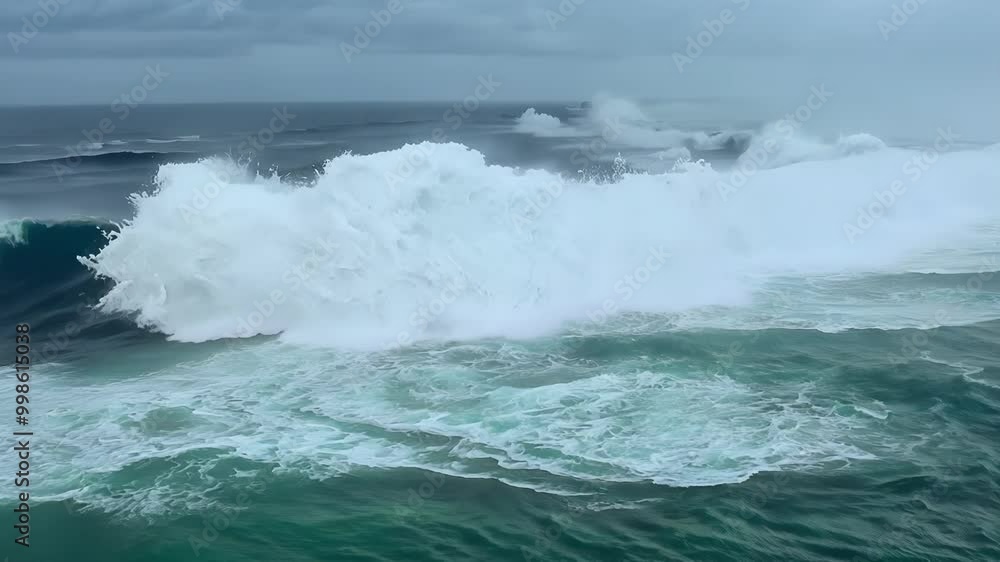 Poster Dark green powerful ocean waves are rolling and crashing, creating lots of white foam and spray under a stormy grey sky