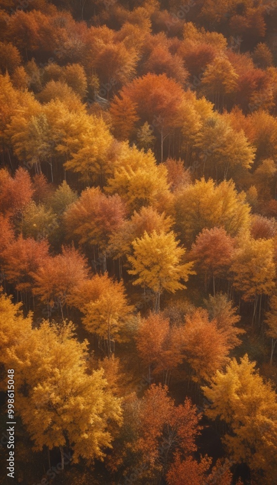Poster aerial view forest with trees displaying a vibrant autumnal color palette of orange, yellow, and red