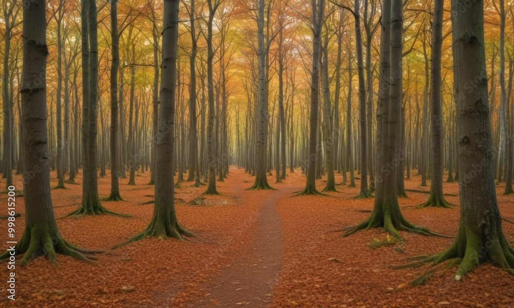 Aufkleber a serene forest path winds through a grove of tall trees with vibrant autumn foliage, creating a tra