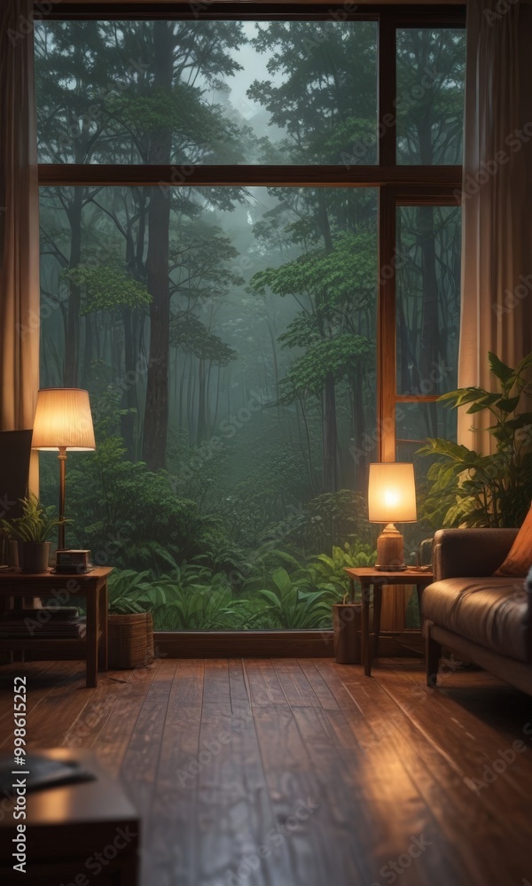 Poster a serene indoor scene with a large window overlooking a lush forest, featuring a comfortable couch, 