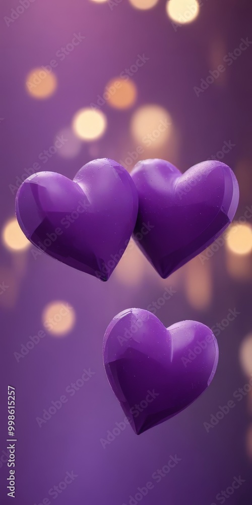 Poster Three purple heart-shaped objects are floating against a purple background with a bokeh effect