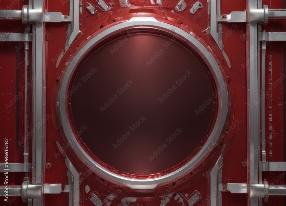 Poster a close-up view red circular window with a silver frame, set against a red background with a metallic frame