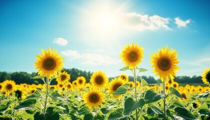 Obraz premium Sunflower Field. Sunflowers in Bloom. Sunflower Garden. Golden Hour Sunflowers. Sunny Sunflower Field.