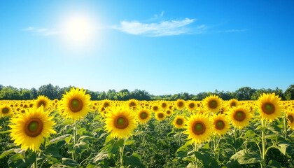 Fototapeta premium Sunflower Field. Sunflowers in Bloom. Sunflower Garden. Golden Hour Sunflowers. Sunny Sunflower Field.