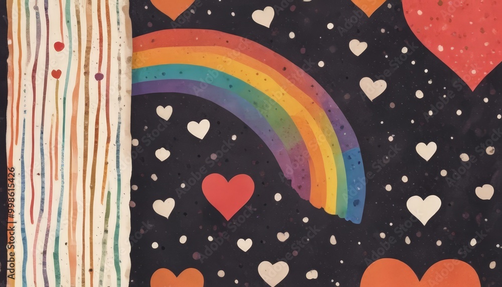 Poster a vibrant, abstract composition with a rainbow arching across the center, surrounded by hearts in va