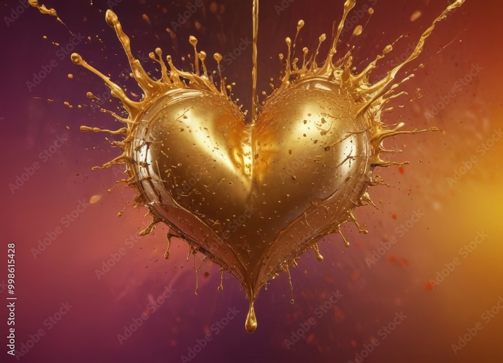 Aufkleber A golden heart-shaped object is suspended in mid-air, with a stream of golden liquid dripping from it, creating a dynamic and visually striking scene against a gradient background