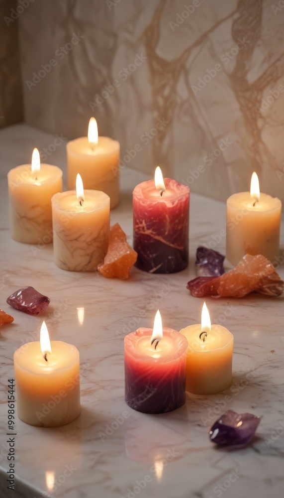 Poster nine lit candles of various colors and sizes are arranged on a marble surface, with some petals scat
