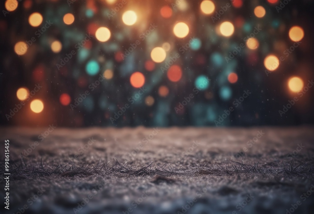 Poster A blurred background of colorful lights, creating a bokeh effect, with a textured foreground featuring a dark surface and small, blurry objects