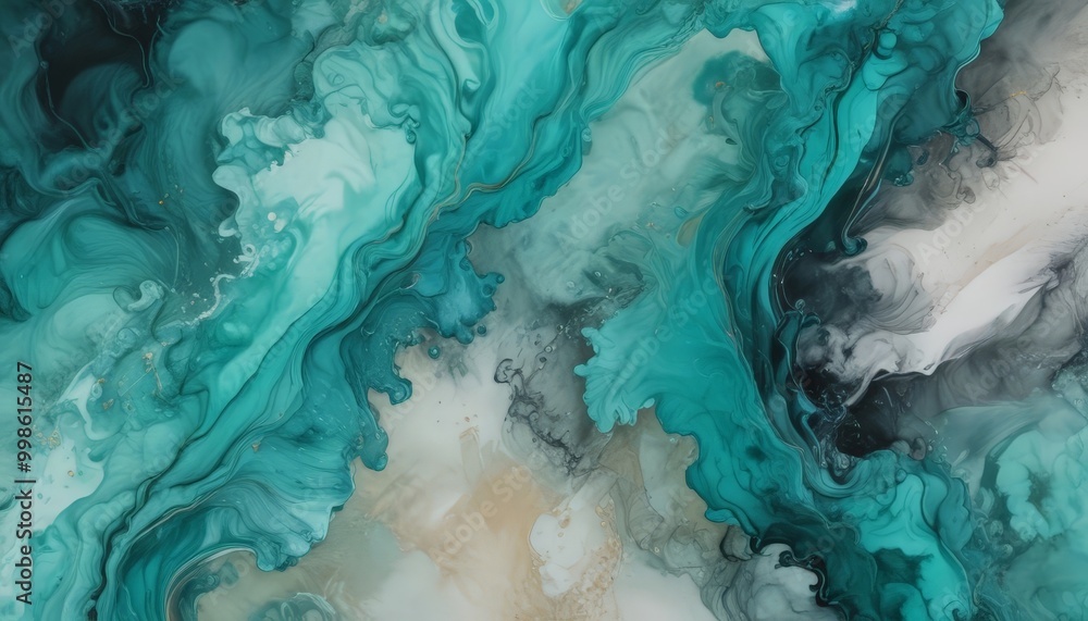 Poster a swirling pattern of turquoise, white, and black colors, creating a dynamic and abstract visual effect