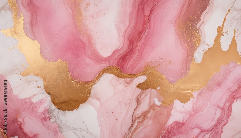 Poster a marble surface with pink and white swirls and splashes of gold, creating a visually striking abstract pattern