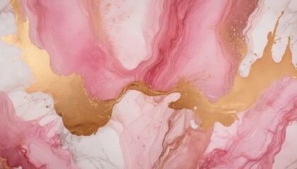 Fototapeta premium a marble surface with pink and white swirls and splashes of gold, creating a visually striking abstract pattern