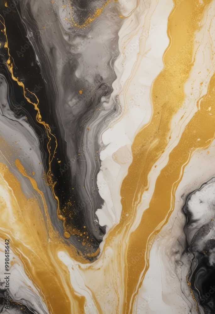 Poster a close-up view of an abstract painting with a swirling pattern of black, white, and gold colors