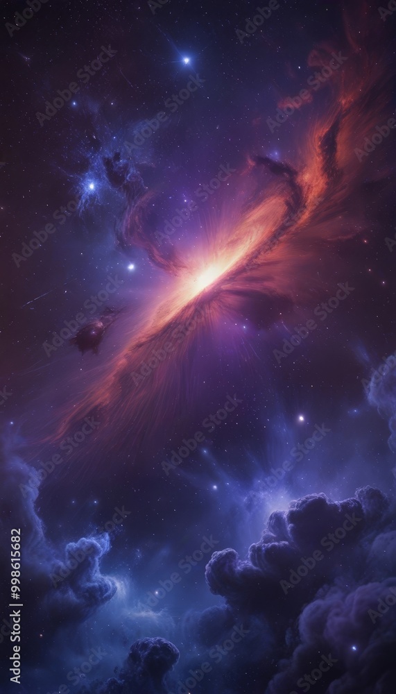Aufkleber a vibrant cosmic scene, featuring a swirling nebula with a bright center and a multitude of stars an