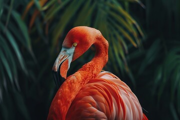 Fototapeta premium Pink flamingo bending its neck with lush green foliage in the background
