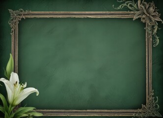 A white lily flower is positioned on the left side dark green background, with an ornate gold frame on the right side