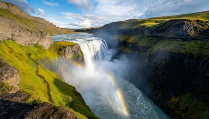 A high waterfall crashing into a river below, with rainbows forming in the mist