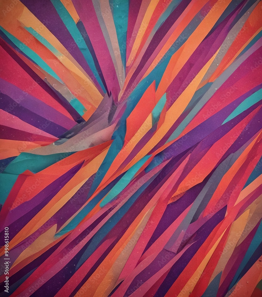 Poster a vibrant abstract composition featuring overlapping and intersecting diagonal lines in a variety of bright colors, including shades of orange, pink, purple, and blue