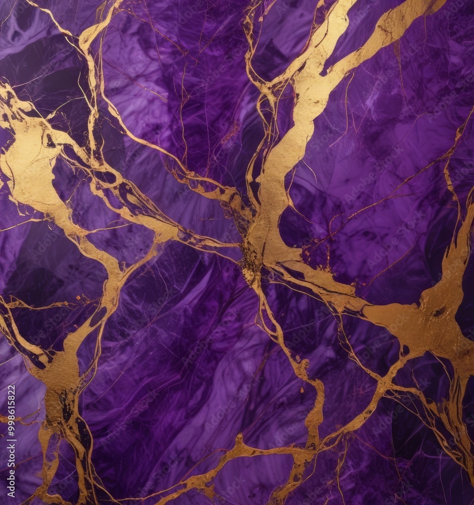 Poster a close-up view purple marble surface with a gold-colored pattern The pattern consists of curved lines and swirls, creating a sense of movement and texture The