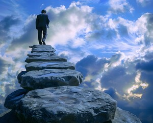 Businessman Climbing Stepping Stones Towards His Ultimate Goal in Dramatic Sky Scenery