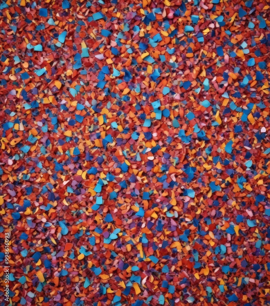 Poster a vibrant mosaic of multicolored confetti, with hues of red, orange, yellow, blue, and purple, creat