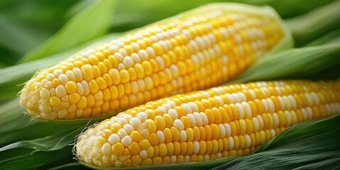 Fresh Yellow Corn Cobs on Green Leaves