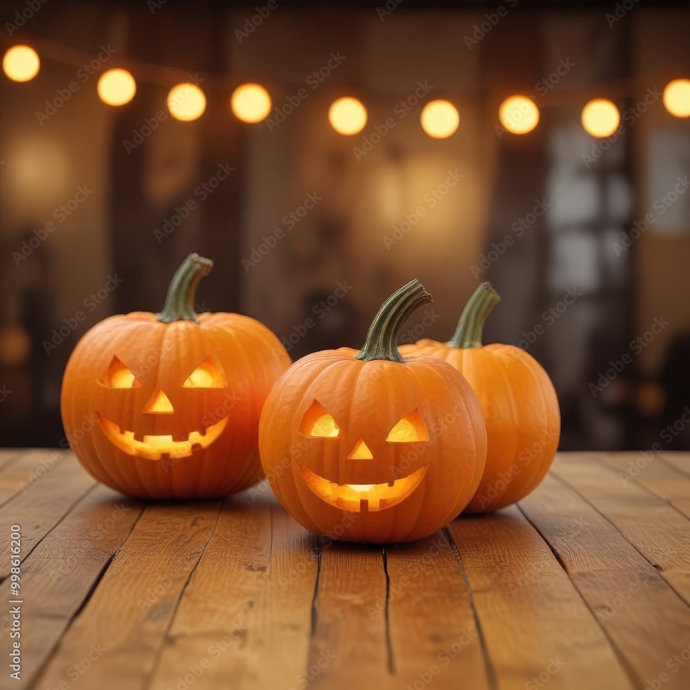 Poster Three jack-o'-lanterns with carved faces sit on a wooden table, illuminated by a string of lights in the background