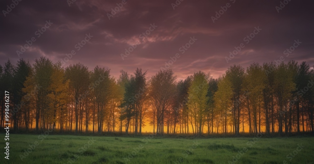 Poster a forest of trees with yellow leaves stands against a dramatic sky at sunset, creating a serene and 