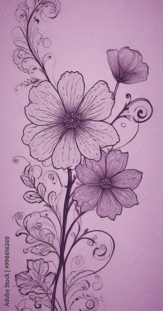 Poster a detailed illustration of three stylized flowers in a purple color scheme, with intricate floral pa