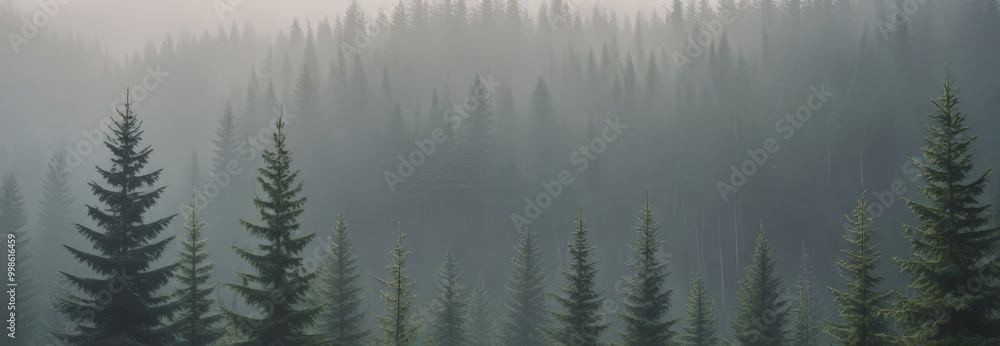 Aufkleber a dense forest of evergreen trees shrouded in a thick fog, creating an ethereal and mysterious atmos