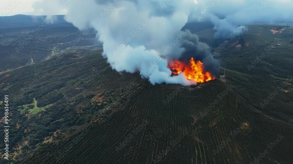 Poster raging wildfire engulfs a forested mountain, sending massive smoke columns into the sky, highlightin
