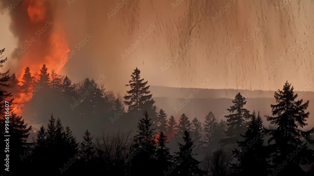 Poster thick smoke billows and glowing flames engulf trees in a forest fire. creating a dramatic scene of d