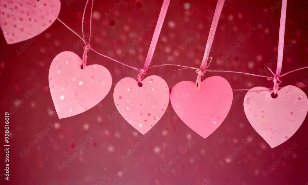 Poster pink hearts hang from strings against a pink background with white polka dots