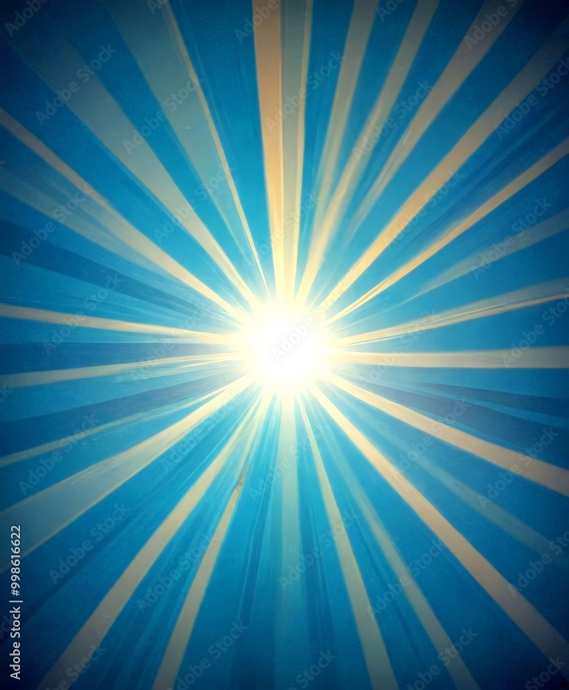 Poster a radiant burst of light against a blue background, with radiating lines of light in various shades 