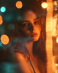 A stunning woman poses under warm strings of lights on a beach, capturing the essence of a magical summer evening
