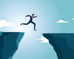 Businessman Leaping Across Cliff to Achieve Success and Overcome Challenges