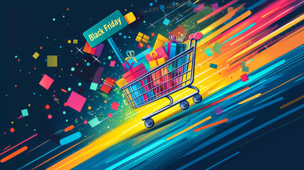 Vibrant Black Friday shopping illustration featuring a shopping cart filled with colorful gift boxes speeding along a dynamic background of neon streaks and scattered geometric shapes.