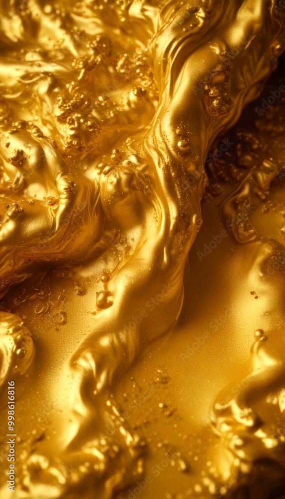 Poster a close-up view textured golden surface, with a mix of shiny and matte areas, and small bubbles or droplets scattered throughout