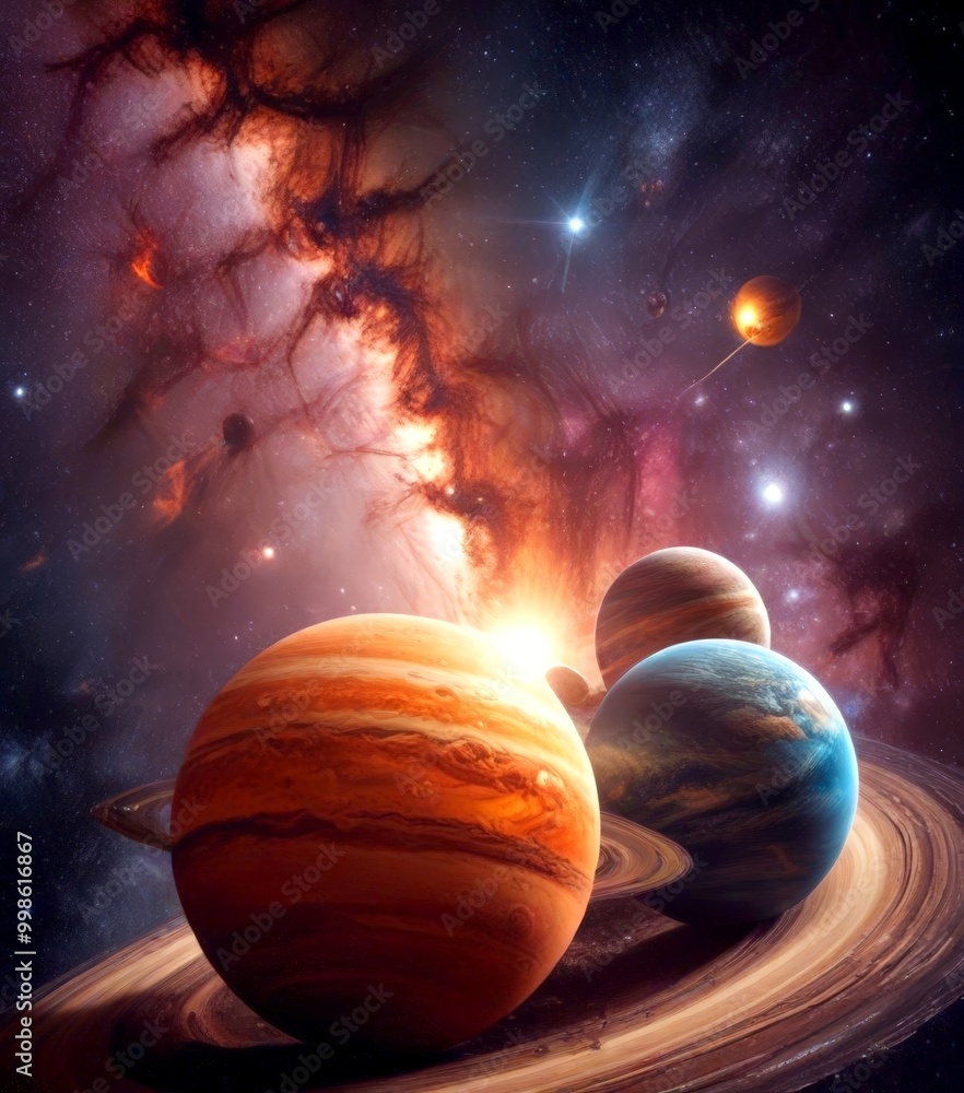 Aufkleber Three planets in a cosmic dance, with a fiery nebula and a distant star in the background, creating a sense of depth and scale