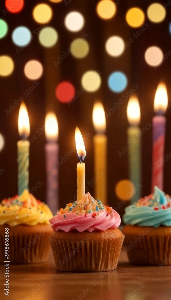 Poster A close-up view of three cupcakes with colorful frosting and sprinkles, each with a single lit candle in the center, set against a background of colorful lights