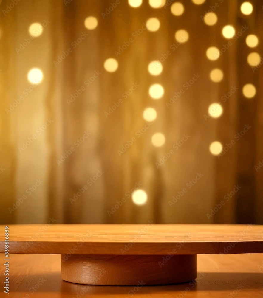 Poster A wooden table with a round base stands in the foreground, while a blurred background features a curtain with twinkling lights
