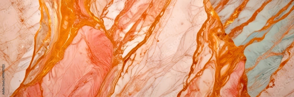 Poster a marble surface with a textured pattern of pink, white, and gold hues, creating a visually striking